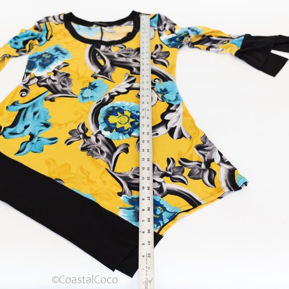 Eva Varro Floral Asymmetric Tunic M Top Yellow Stretch Boho Artsy Flowy Holiday - Picture 8 of 9